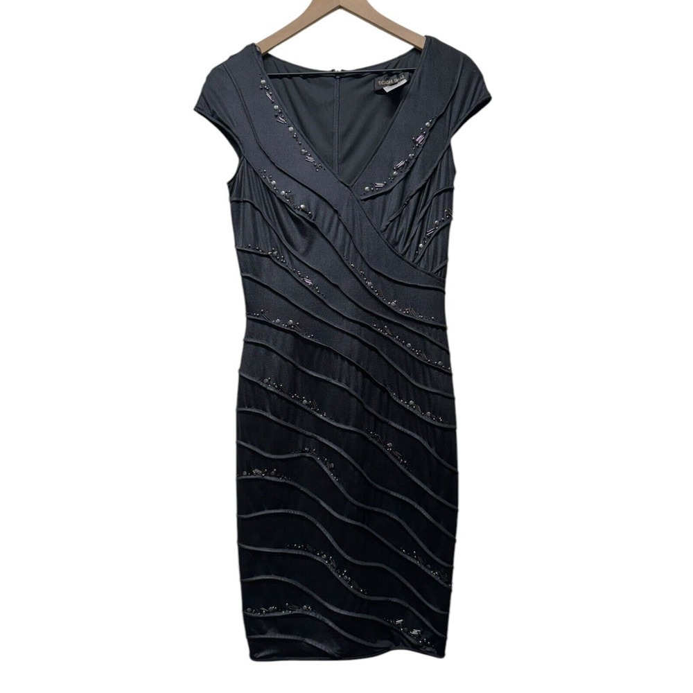 Tadashi Shoji Cocktail Sheath Dress Sz S Black Beaded Embellished Bodycon Formal